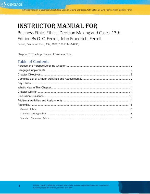 Instructor Manual For Business Ethics Ethical Decision Making and Cases, 13th Edition By O. C. Ferrell, John Fraedrich, Ferrell