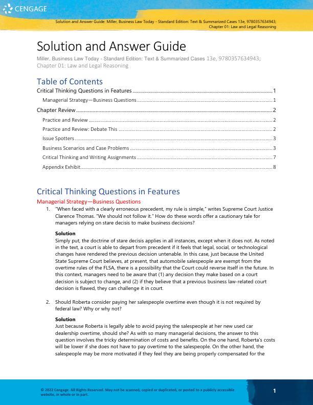 Solution Manual For Business Law Today - Standard Edition Text & Summarized Cases (MindTap Course List), Cengage, 13th edition, Roger LeRoy Miller