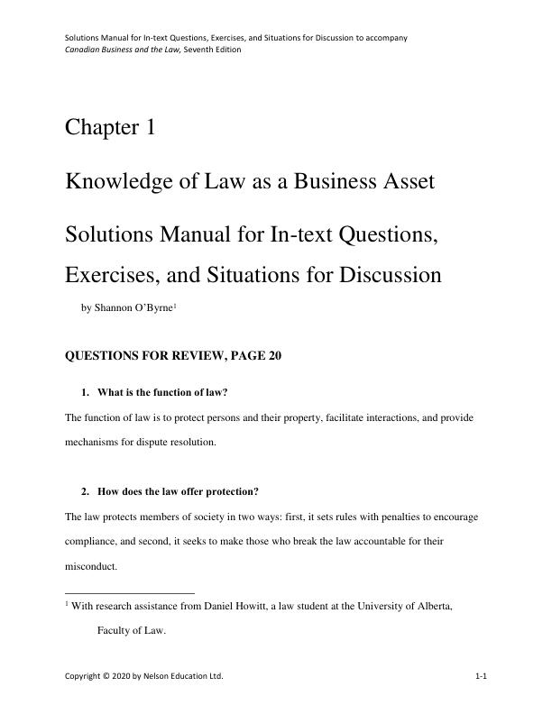 Solution Manual for Canadian Business and the Law 7th edition by Philip King, Dorothy Duplessis, Shannon O'Byrne, Lokkie Adams, Steven Enman