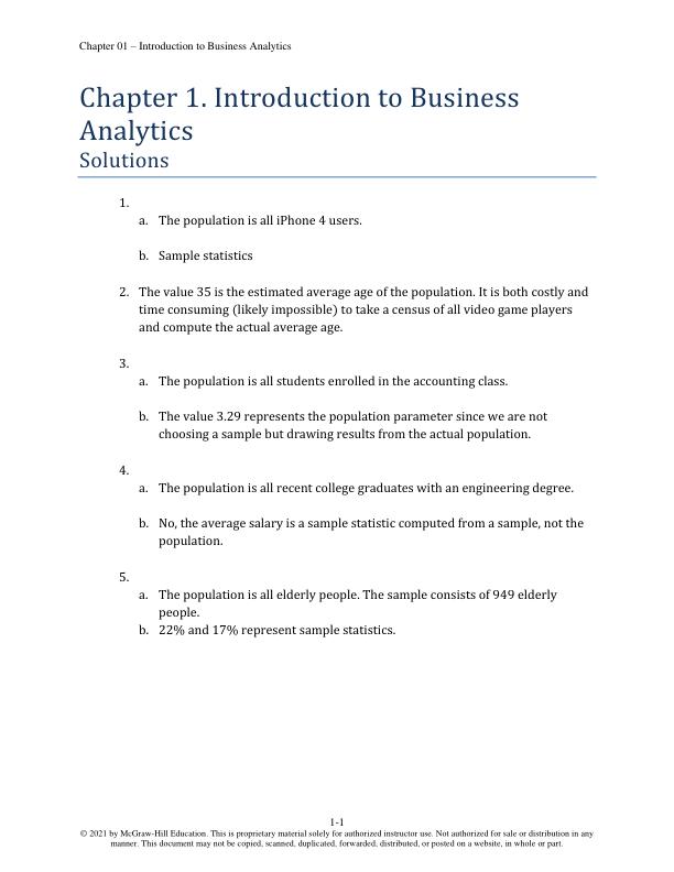 Solution Manual for Business Analytics 1st Edition by Sanjiv Jaggia, Alison Kelly, Kevin Lertwachara, Leida Chen