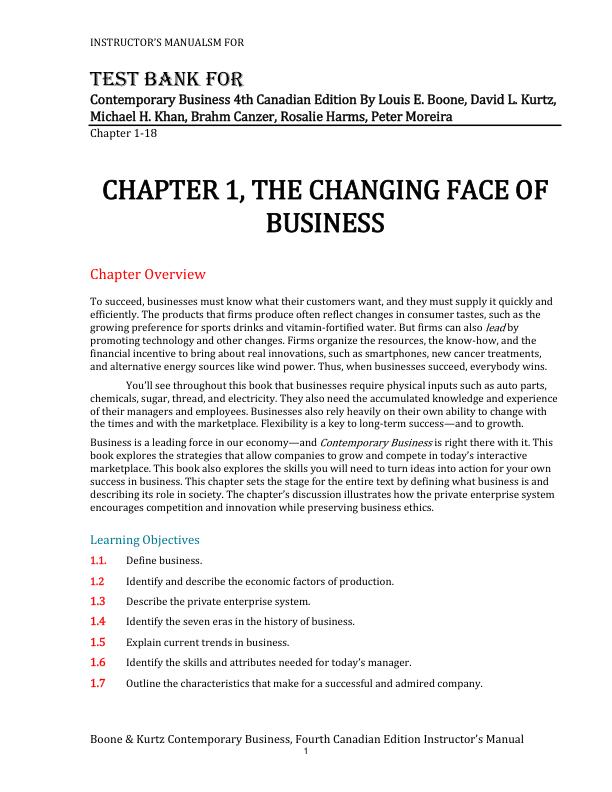 Solution Manual for Contemporary Business 4th Canadian Edition By Louis E. Boone, David L. Kurtz, Michael H. Khan, Brahm Canzer, Rosalie Harms, Peter Moreira