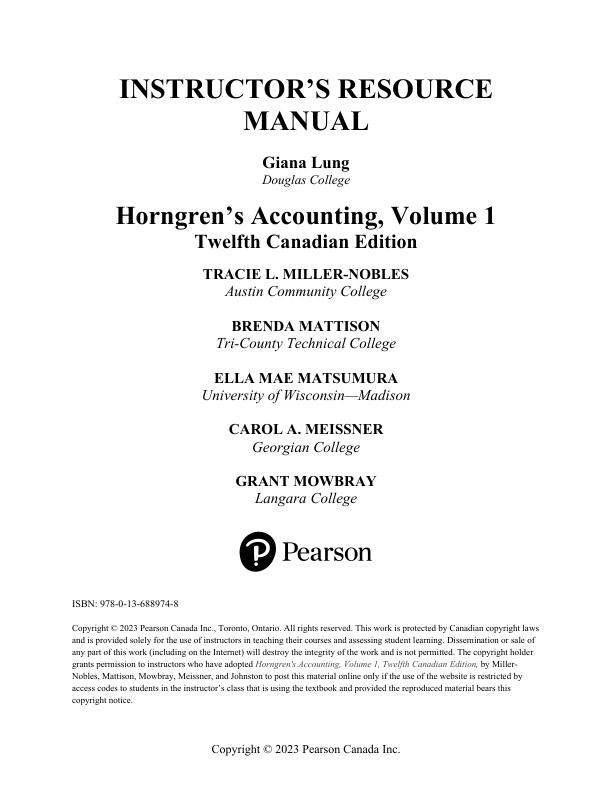 Solution Manual for Horngren's Accounting, Volume 1, Canadian Edition, 12th Edition By Tracie Miller Nobles, Brenda Mattison, Ella Mae Matsumura