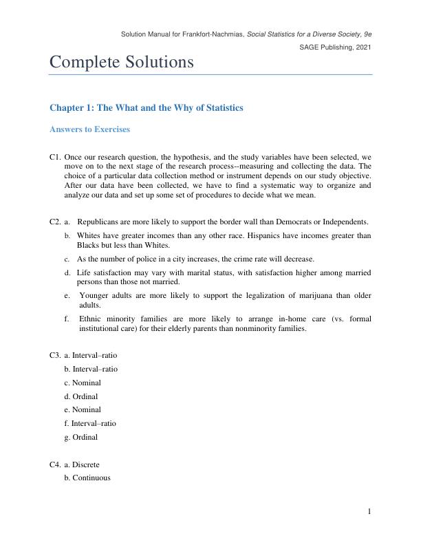 Solution Manual for Social Statistics for a Diverse Society 9th Edition by Chava Frankfort Nachmias, Anna Y. Leon Guerrero, Georgiann Davis