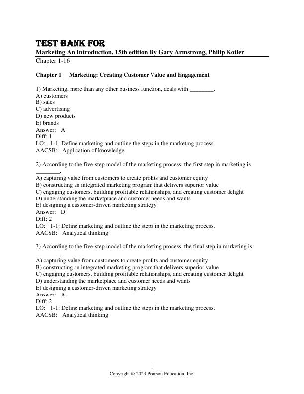 Test Bank for Marketing An Introduction, 15th edition By Gary Armstrong, Philip Kotler