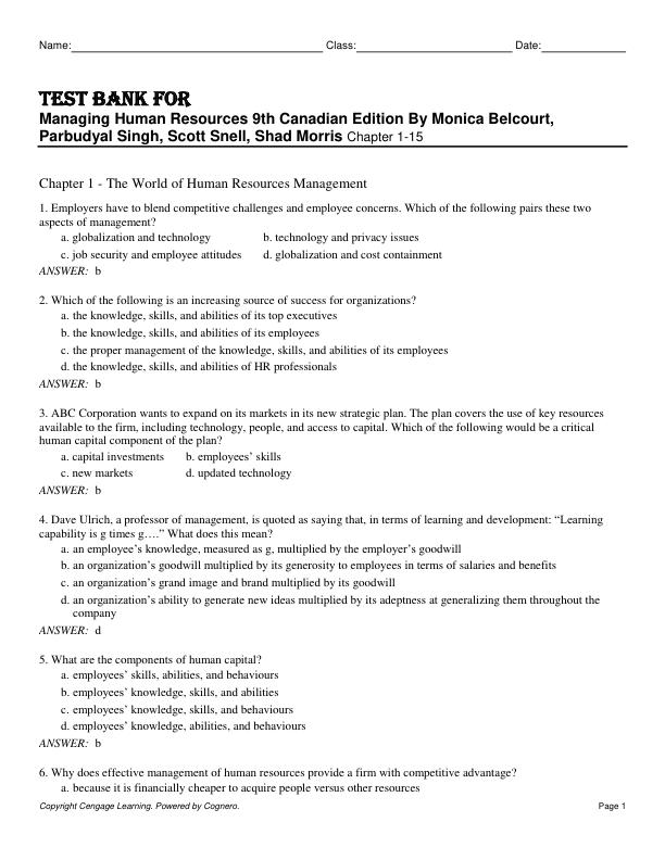 Test Bank for Managing Human Resources 9th Canadian Edition By Monica Belcourt, Parbudyal Singh, Scott Snell, Shad Morris