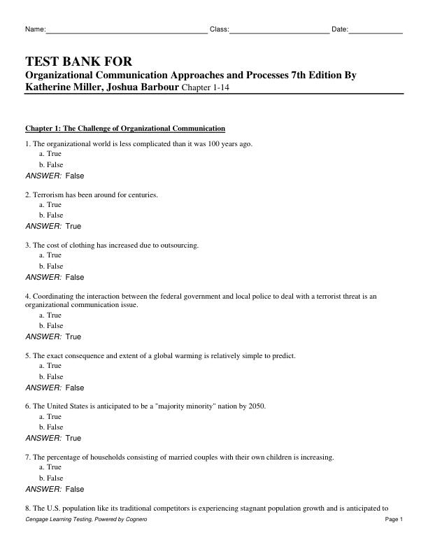 Test Bank for Organizational Communication Approaches and Processes 7th Edition By Katherine Miller, Joshua Barbour