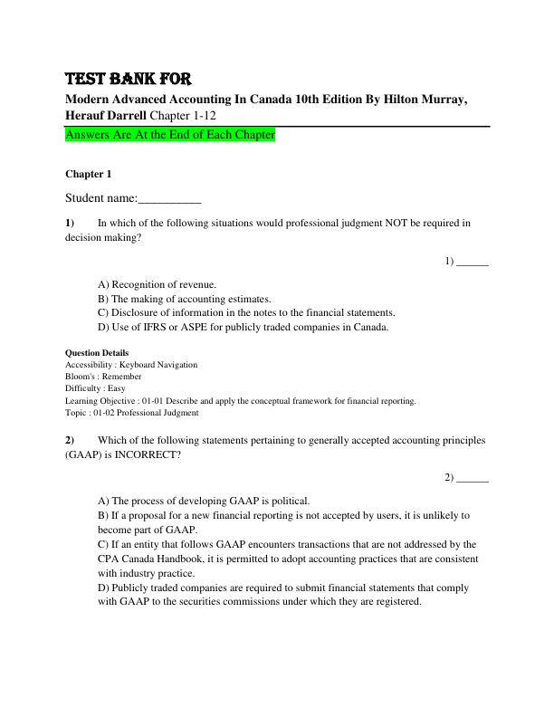 Test Bank for Modern Advanced Accounting In Canada 10th Edition By Hilton Murray, Herauf Darrell