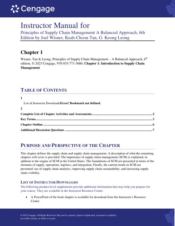 Instructor ManuaFor Principles of Supply Chain Management A Balanced Approach, 6th Edition by Joel Wisner, Keah-Choon Tan, G. Keong Leong