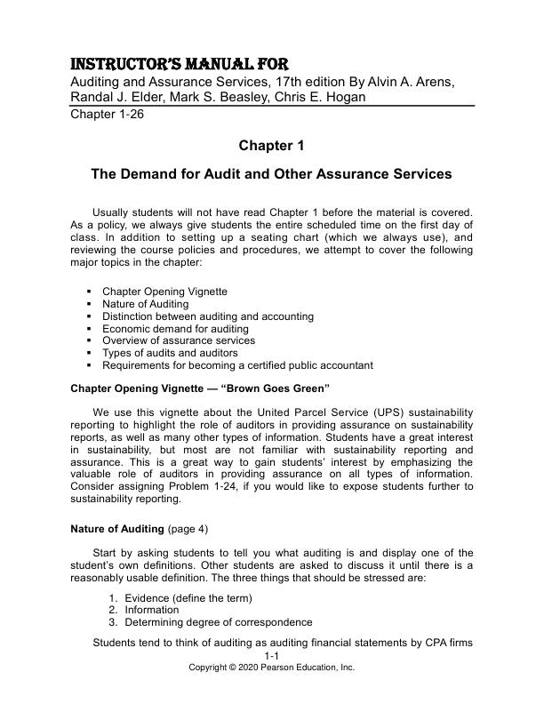 Instructor Manual For Auditing and Assurance Services, 17th edition By Alvin A. Arens, Randal J. Elder, Mark S. Beasley, Chris E. Hogan.