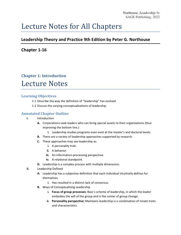 Lecture Notes for Leadership Theory and Practice 9th Edition by Peter G. Northouse