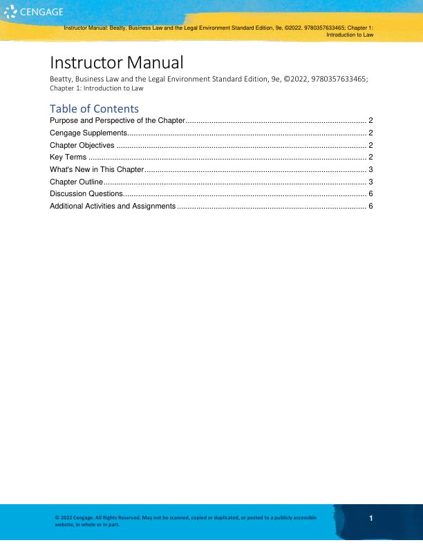 Instructor's Manual for Business Law and the Legal Environment, Standard Edition, 9th Edition by Jeffrey F Beatty, Susan S Samuelson