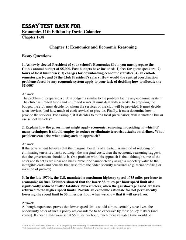 Essay Test Bank For Economics 11th Edition by David Colander Chapter 1-38