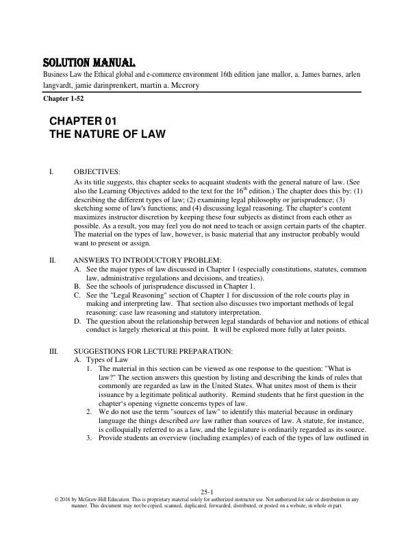 Solution Manual for  Business Law The Ethical Global And E-Commerce Environment 16th Edition Jane Mallor, A. James Barnes, Arlen Langvardt, Jamie Darin Prenkert, Martin A. McCrory