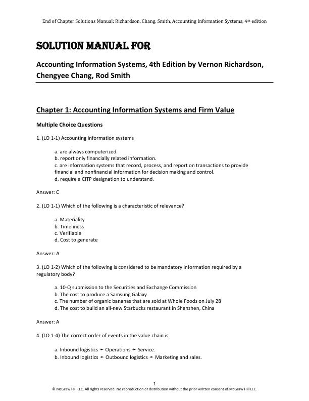 Solution Manual for Accounting Information Systems, 4th Edition by Vernon Richardson, Chengyee Chang, Rod Smith