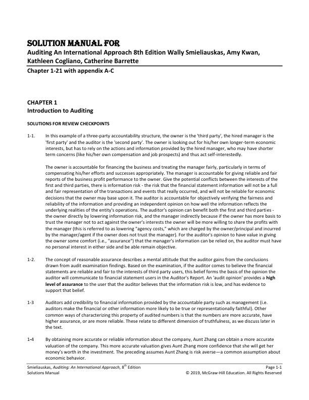 Solution Manual for Auditing An International Approach 8th Edition Wally Smieliauskas, Amy Kwan, Kathleen Cogliano, Catherine Barrette
