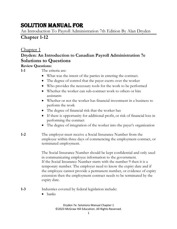 Solution Manual For An Introduction To Payroll Administration 7th Edition By Alan Dryden