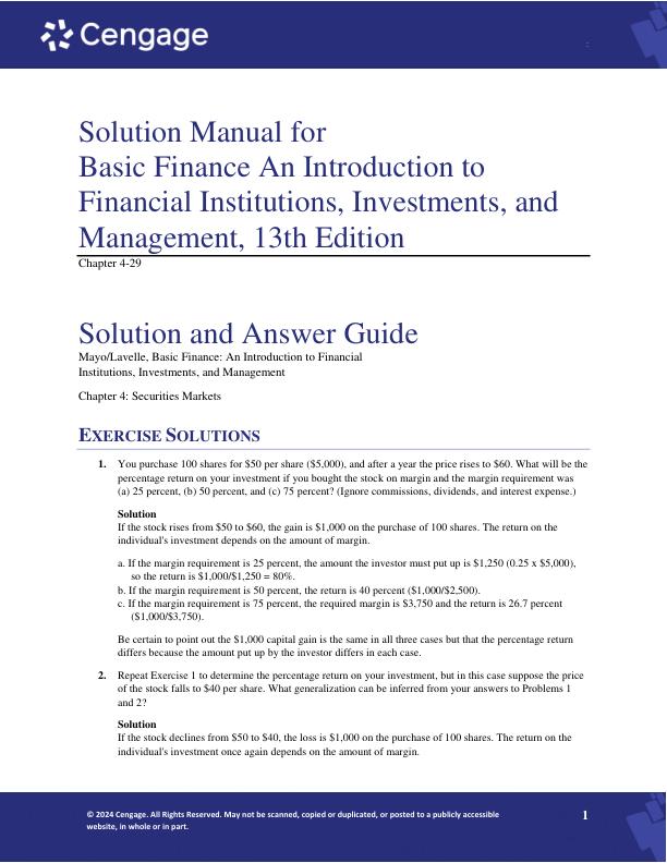 Solution Manual for Basic Finance An Introduction to Financial Institutions, Investments, and Management, 13th Edition