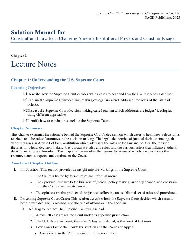 Solution Manual for Constitutional Law for a Changing America Institutional Powers and Constraints sage 11th Edition by Lee J. Epstein, Kevin T. McGuire, Thomas G. Walker