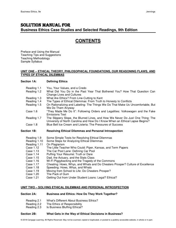 Solution Manual for Business Ethics Case Studies and Selected Readings, 9th Edition by Marianne M. Jennings