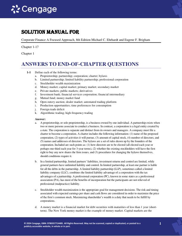 Solution Manual for Corporate Finance A Focused Approach, 8th Edition Michael C. Ehrhardt and Eugene F. Brigham