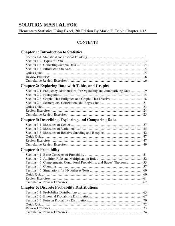 Solution Manual for Elementary Statistics Using Excel, 7th Edition By Mario F. Triola