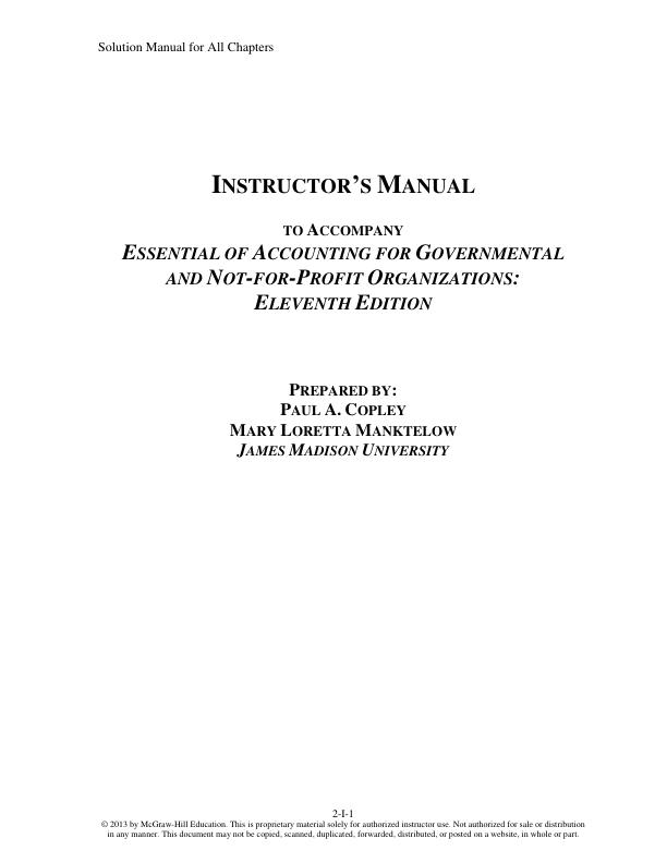 Solution Manual For Essentials Of Accounting For Governmental And Not-for-Profit Organizations 11th Edition Paul A Copley