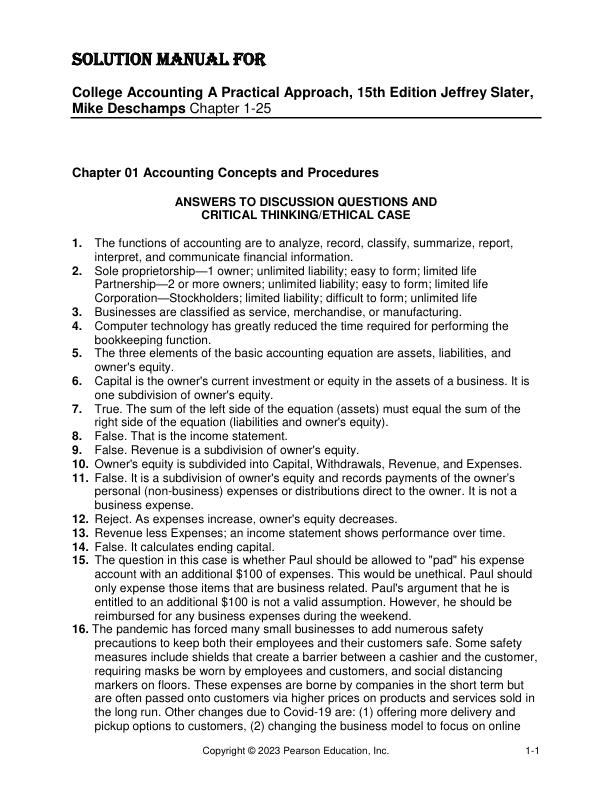 Solution Manual for College Accounting A Practical Approach, 15th Edition Jeffrey Slater, Mike Deschamps Chapter 1-25