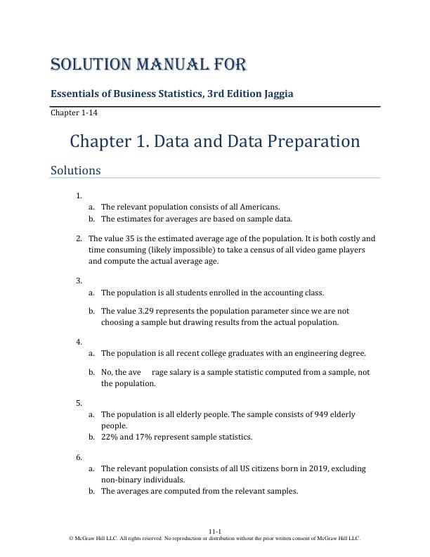 Solution Manual for Essentials of Business Statistics, 3rd Edition by Jaggia
