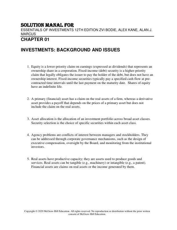 Solution Manual for Essentials Of Investments 12th Edition Zvi Bodie, Alex Kane, Alan J. Marcus