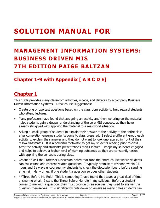 Solution Manual For Business Driven Information Systems 7th Edition by Paige Baltzan