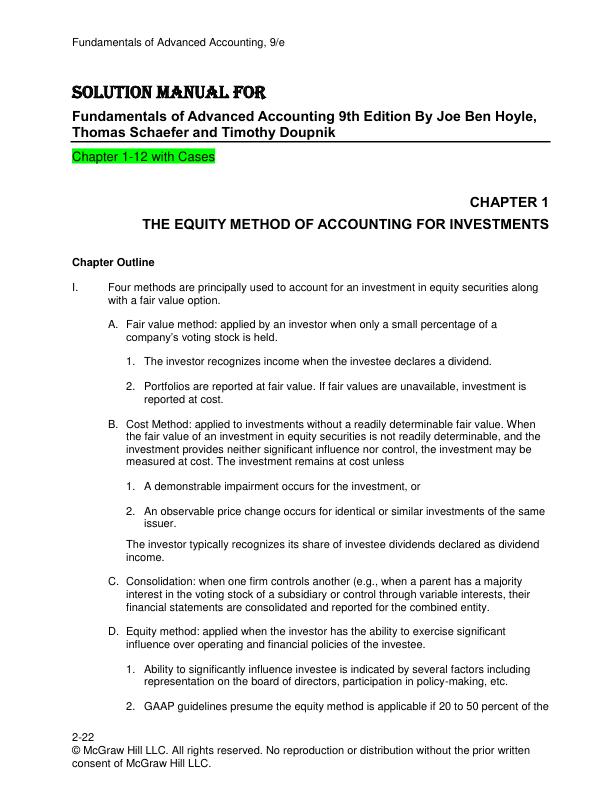Solution Manual for Fundamentals Of Advanced Accounting 9th Edition By Joe Ben Hoyle, Thomas Schaefer And Timothy Doupnik
