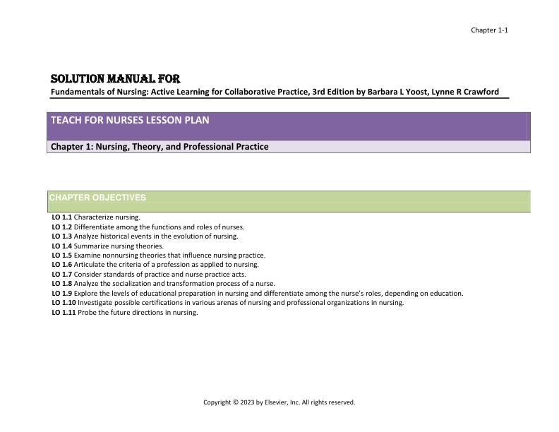 Solution Manual for Fundamentals of Nursing Active Learning for Collaborative Practice, 3rd Edition by Barbara L Yoost, Lynne R Crawford Chapter 1-42 Newest Version 2023
