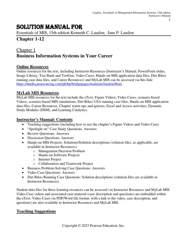 Solution Manual For Essentials of MIS, 15th Edition by Kenneth C. Laudon, Jane P. Laudon