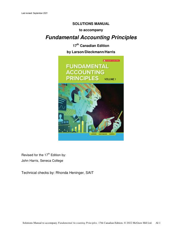 Solution Manual for Fundamental Accounting Principles, Volume 2, 17th Canadian Edition Kermit D. Larson, Heidi Dieckmann, John Harris