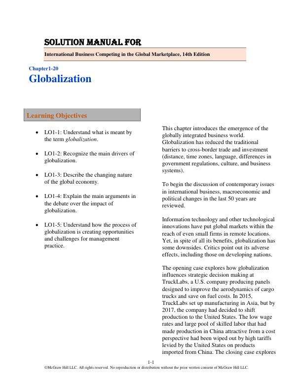 Solution Manual for International Business Competing in the Global Marketplace, 14th Edition by Charles Hill