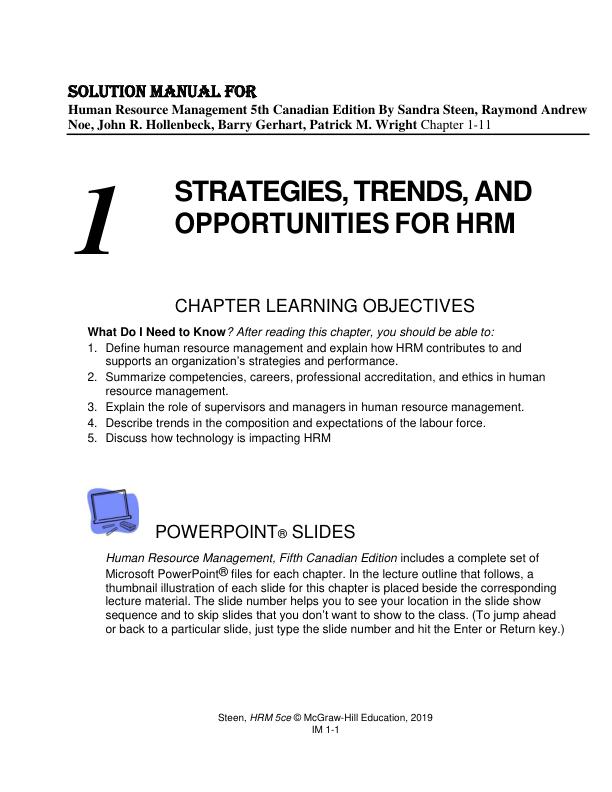 Solution Manual For Human Resource Management 5th Canadian Edition By Sandra Steen, Raymond Andrew Noe, John R. Hollenbeck, Barry Gerhart, Patrick M. Wright