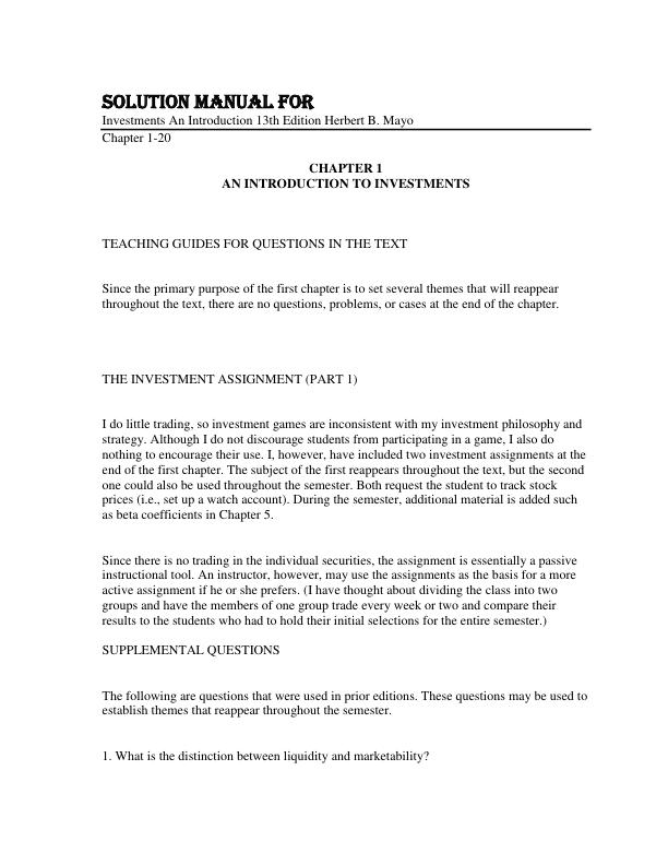 Solution Manual for Investments An Introduction 13th Edition by Herbert B. Mayo Chapter 1-20