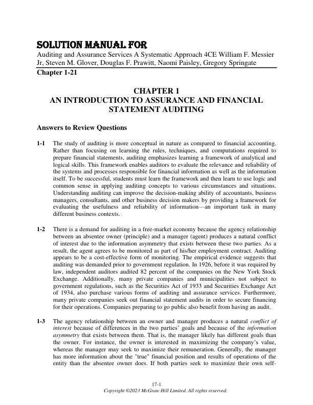 Solution Manual for Auditing and Assurance Services A Systematic Approach 4th Canadian Edition by William F. Messier Jr, Steven M. Glover, Douglas F. Prawitt, Naomi Paisley, Gregory Springate