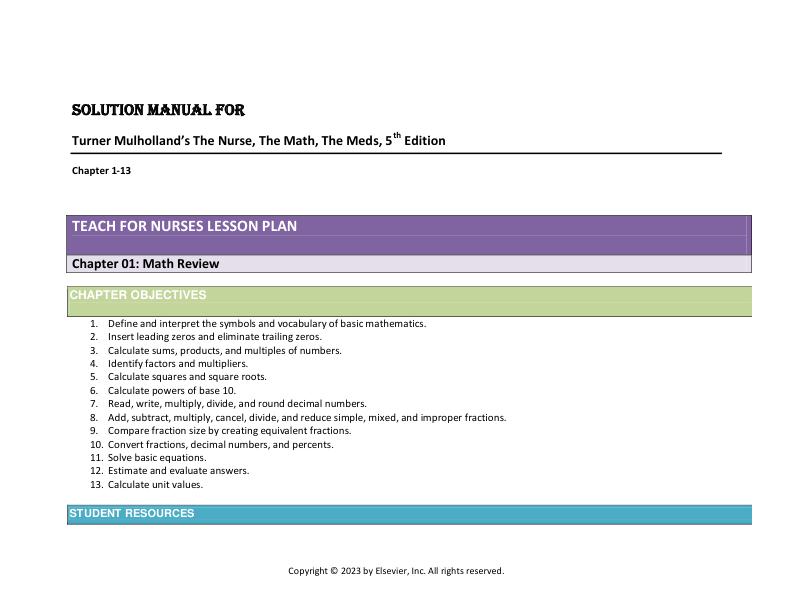 Solution Manual for Mulholland's The Nurse, The Math, The Meds Drug Calculations Using Dimen- sional Analysis 5th Edition by Susan Turner