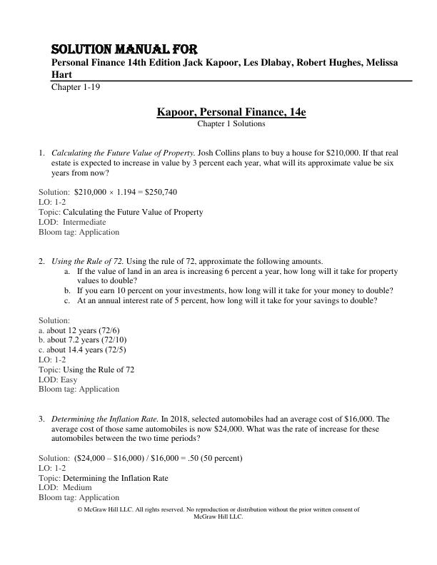 Solution Manual For Personal Finance 14th Edition Jack Kapoor, Les Dlabay, Robert Hughes, Melissa Hart