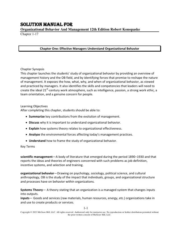 Solution Manual for Organizational Behavior And Management 12th Edition Robert Konopaske