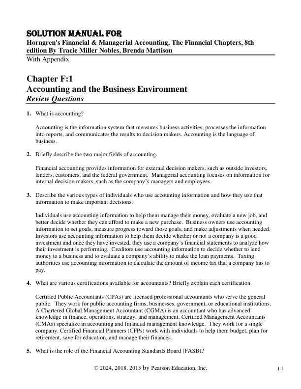 SOLUTION MANUAL FOR Horngren's Financial & Managerial Accounting, The Financial Chapters, 8th edition By Tracie Miller Nobles, Brenda Mattison