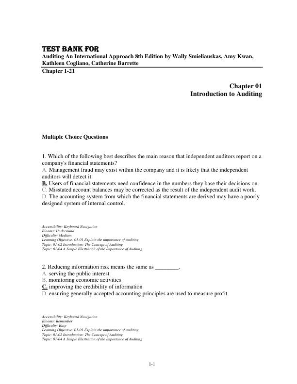 Test Bank for Auditing An International Approach 8th Edition Wally Smieliauskas, Amy Kwan, Kathleen Cogliano, Catherine Barrette