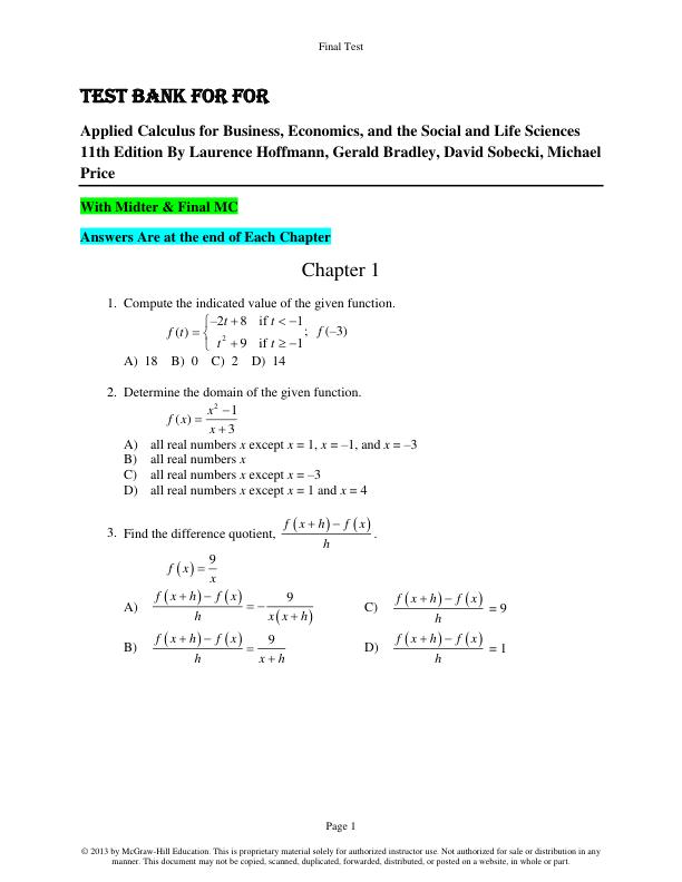 Test Bank For Applied Calculus for Business, Economics, and the Social and Life Sciences 11th Edition By Laurence Hoffmann, Gerald Bradley, David Sobecki, Michael Price