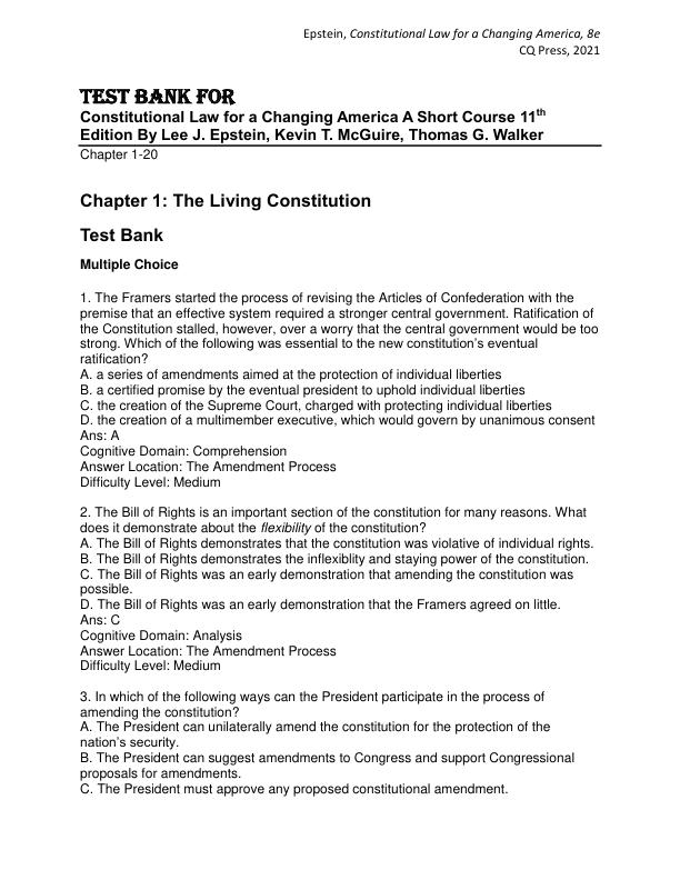 Test Bank for Constitutional Law for a Changing America A Short Course 11th Edition By Lee J. Epstein, Kevin T. McGuire, Thomas G. Walker