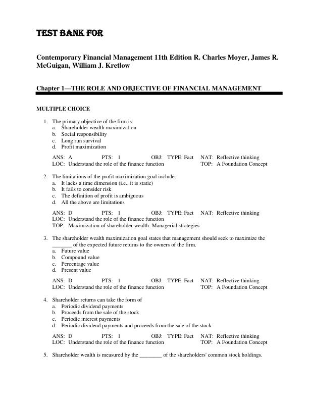 Test Bank for Contemporary Financial Management 11th Edition R. Charles Moyer, James R. McGuigan, William J. Kretlow