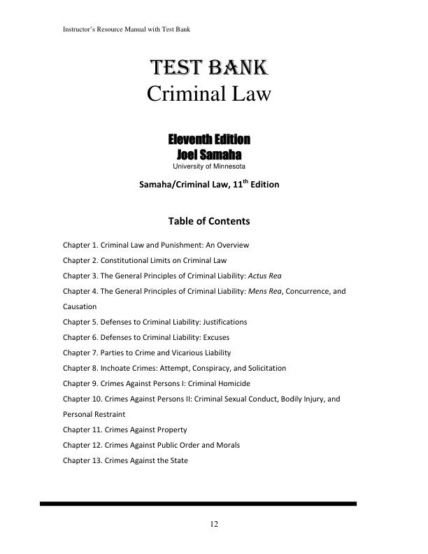 Test Bank for Criminal Law 11th Edition by Joel Samaha