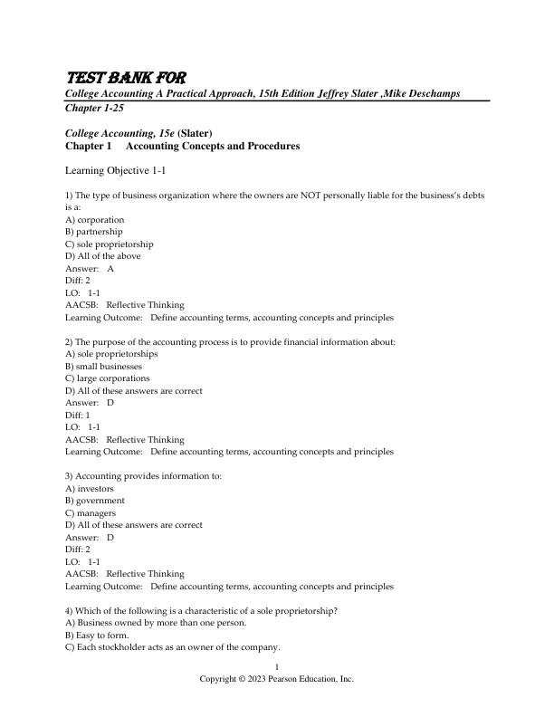 Test Bank for College Accounting A Practical Approach, 15th Edition Jeffrey Slater, Mike Deschamps Chapter 1-25