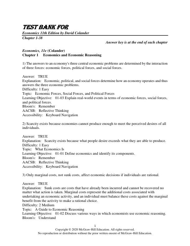Test Bank for Economics 11th Edition by David Colander Chapter 1-38