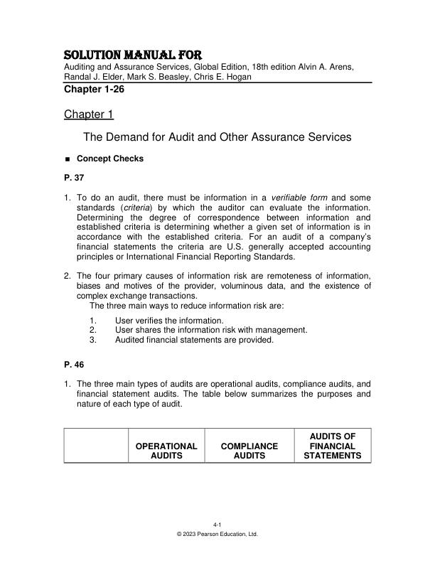 Solution Manual for Auditing and Assurance Services, Global Edition, 18th edition Alvin A. Arens, Randal J. Elder, Mark S. Beasley, Chris E. Hogan